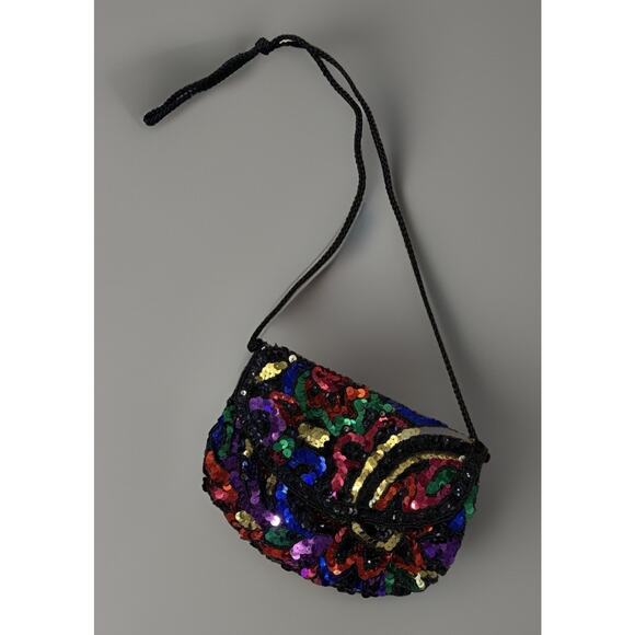 Vintage Multicolor Sequin Clutch Purse 8” Evening Bag Black Cord Strap Preowned - Picture 2 of 8